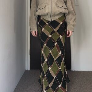 90s Green and Brown Argyle Maxi Skirt